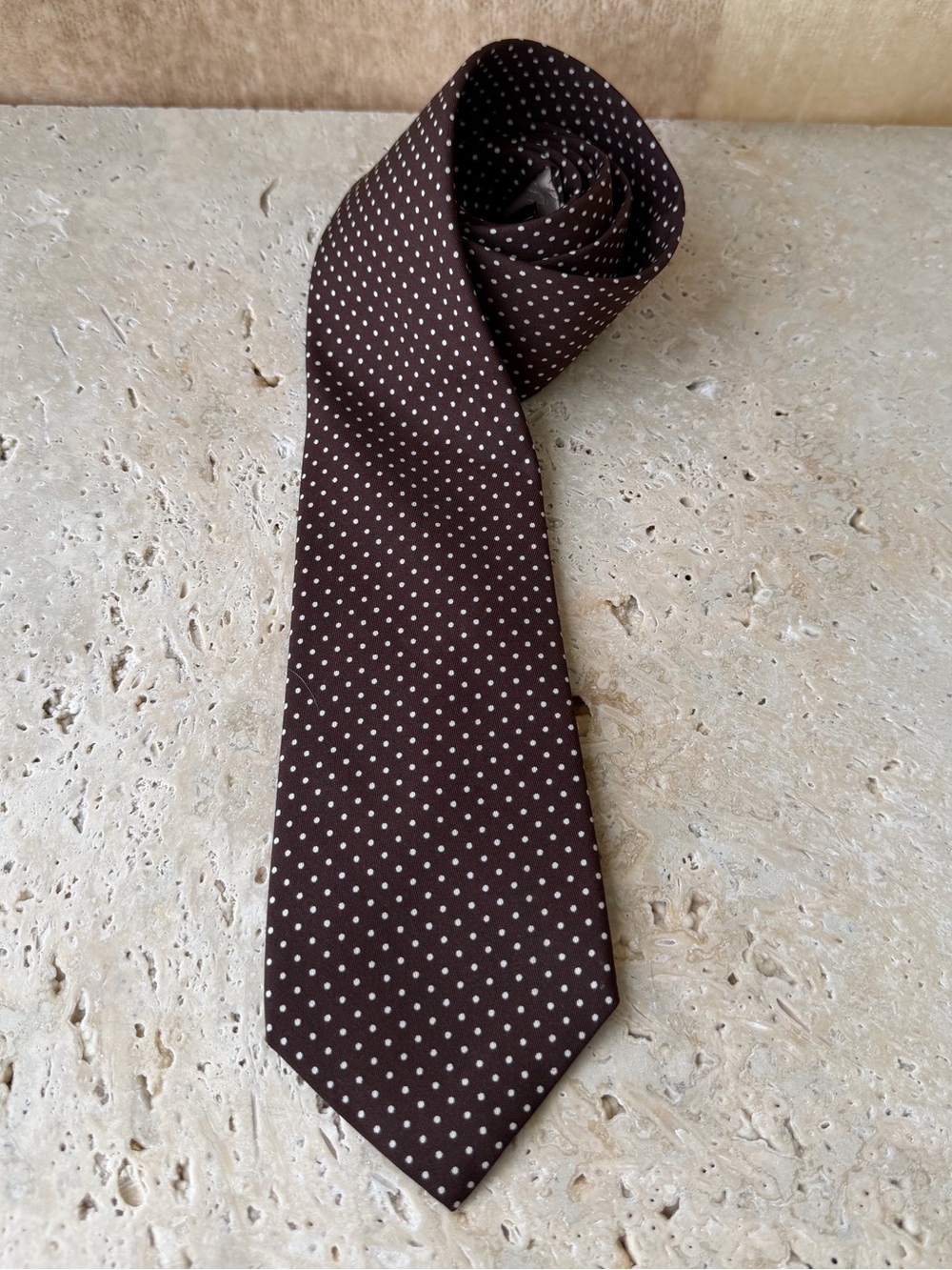 Cartier Cravates Brown White Polka Dot Tie 100% Silk